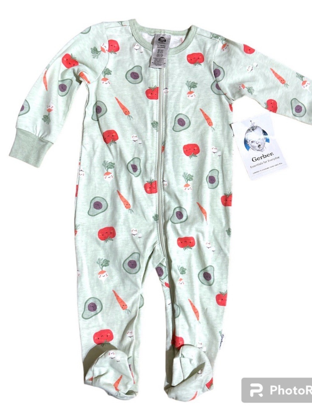 Gerber Baby Sleeper Mint Green Footed Pajamas Veggie Print Zip-Up One-Piece
